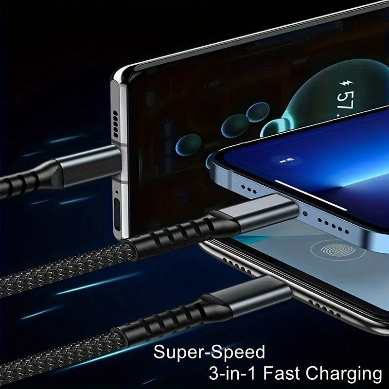 3-in-1 100W Super Fast Charging & Data Cable | Android + Type-C + iPhone
