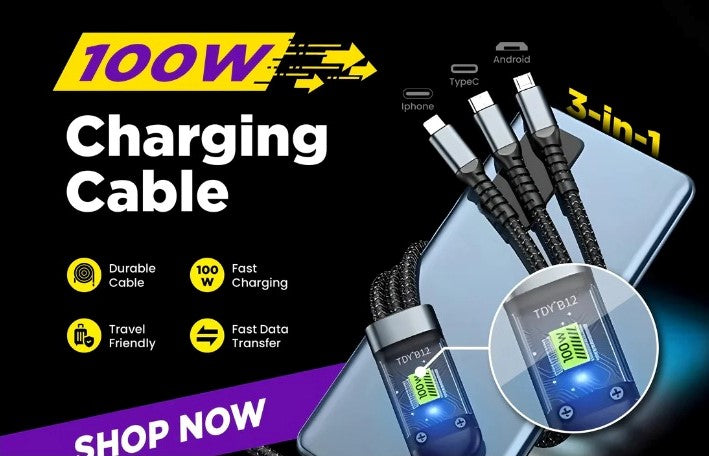 3-in-1 100W Super Fast Charging & Data Cable | Android + Type-C + iPhone
